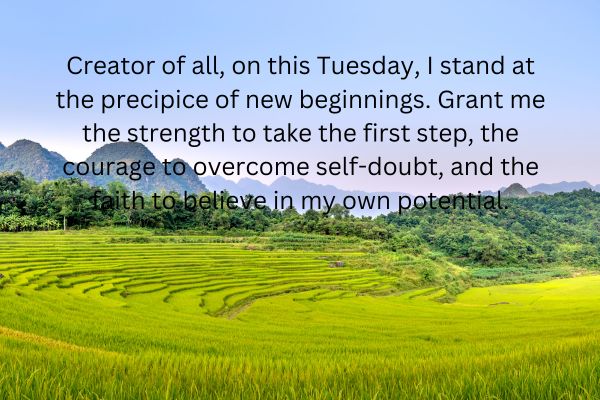 Creator of all, on this Tuesday, I stand at the precipice of new beginnings. Grant me the strength to take the first step, the courage to overcome self-doubt, and the faith to believe in my own potential.